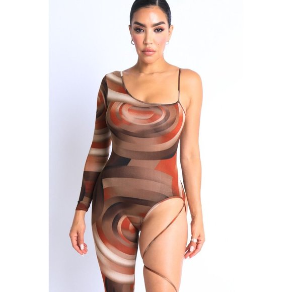 Women Paint Printed One Sleeve One Leg Tie Detailed Jumpsuit Sexy Jumpsuit - Picture 12 of 12